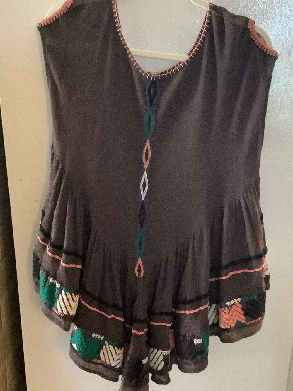 Free People Siesta Fiesta Brown Poncho Tunic Top with Multicolor Embroidery